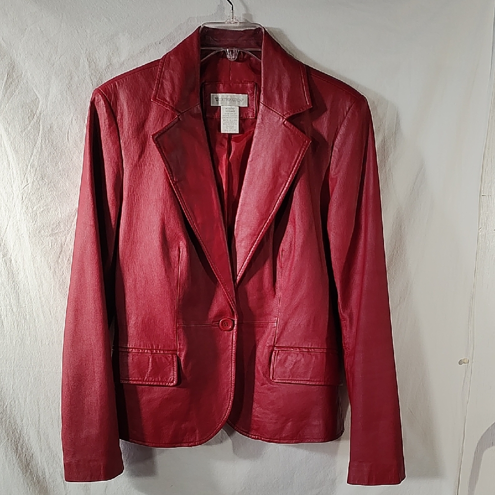 Worthington Size M Women's Red Leather Blazer Jacket